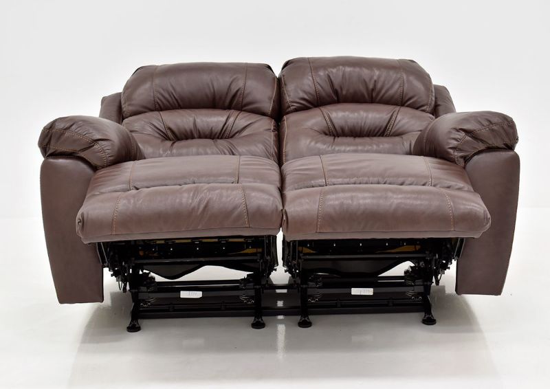 Brown Bellamy Leather Reclining Loveseat by Franklin Furniture, Showing the Front View in a Fully Reclined Position, Made in the USA | Home Furniture Plus Bedding