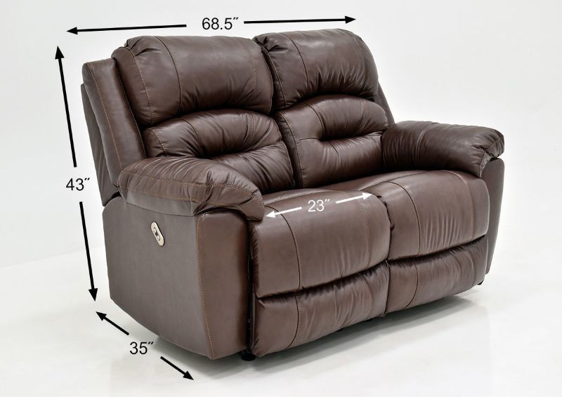Brown Bellamy POWER Reclining Leather Loveseat by Franklin Furniture, Showing the Dimensions, Made in the USA | Home Furniture Plus Bedding