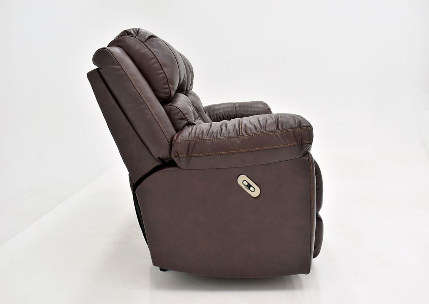 Brown Bellamy POWER Reclining Leather Loveseat by Franklin Furniture, Showing the Side View, Made in the USA | Home Furniture Plus Bedding