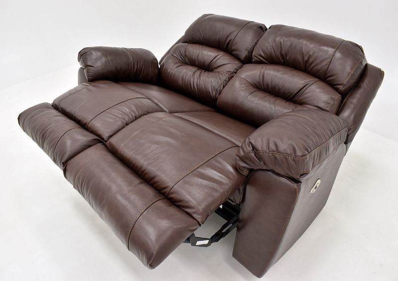 Brown Bellamy POWER Reclining Leather Loveseat by Franklin Furniture, Showing the Angle View in a Fully Reclined Position, Made in the USA | Home Furniture Plus Bedding
