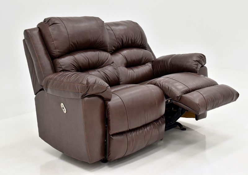Brown Bellamy POWER Reclining Leather Loveseat by Franklin Furniture, Showing the Angle View  with a Recliner Open, Made in the USA | Home Furniture Plus Bedding