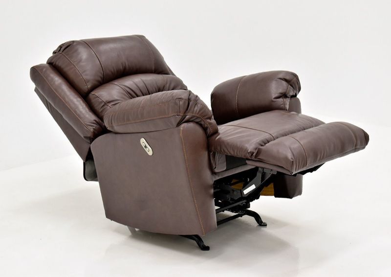 Brown Bellamy POWER Leather Recliner Set by Franklin Furniture, Showing the Angle View in a Fully Reclined Position, Made in the USA | Home Furniture Plus Bedding
