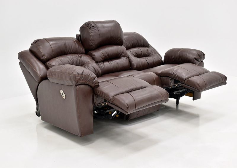 Brown Bellamy POWER Reclining Leather Sofa Set by Franklin Furniture, Showing the Angle View of the Sofa in a Fully Reclined Position, Made in the USA | Home Furniture Plus Bedding
