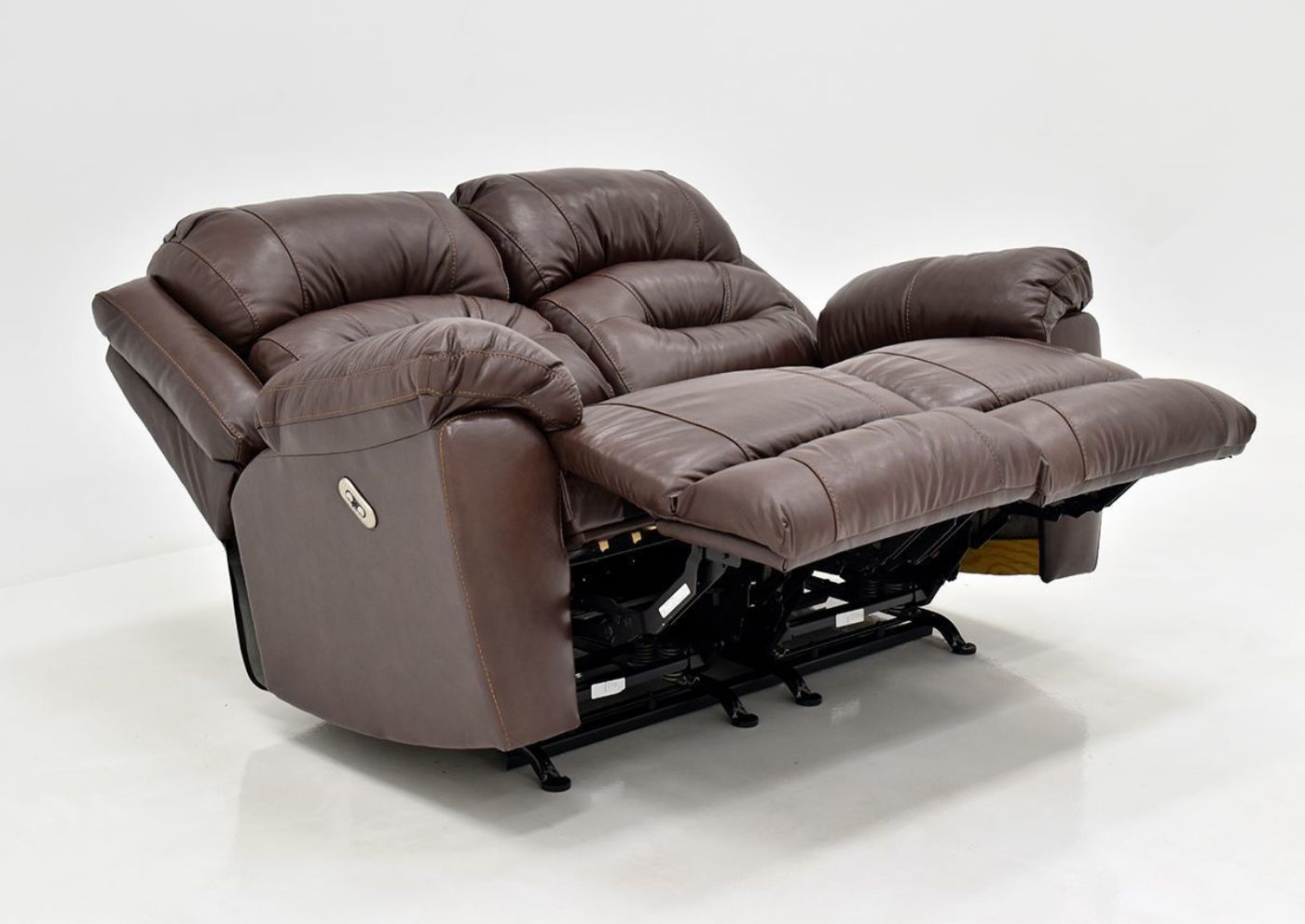 Brown Bellamy POWER Reclining Leather Sofa Set by Franklin Furniture, Showing the Angle View of the Loveseat in a Fully Reclined Position, Made in the USA | Home Furniture Plus Bedding