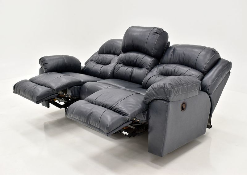 Navy Blue Bellamy Leather Reclining Sofa by Franklin Furniture, Showing the Angle View in a Fully Reclined Position, Made in the USA | Home Furniture Plus Bedding