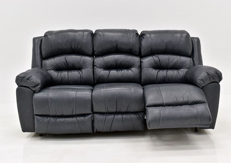 Navy Blue Bellamy Leather Reclining Sofa by Franklin Furniture, Showing the Front View With One Recliner Open, Made in the USA | Home Furniture Plus Bedding