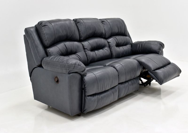Navy Blue Bellamy Leather Reclining Sofa by Franklin Furniture, Showing the Angle View With One Recliner Open, Made in the USA | Home Furniture Plus Bedding