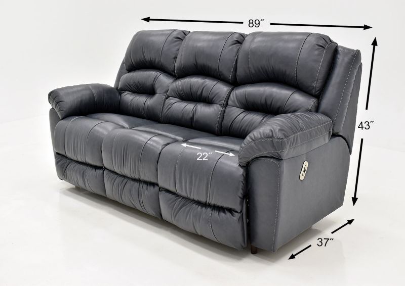 Navy Blue Bellamy POWER Reclining Leather Sofa by Franklin Furniture, Showing the Dimensions, Made in the USA | Home Furniture Plus Bedding