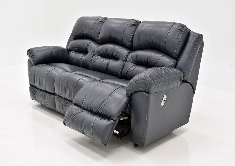 Navy Blue Bellamy POWER Reclining Leather Sofa by Franklin Furniture, Showing the Angle View With One Recliner Open, Made in the USA | Home Furniture Plus Bedding