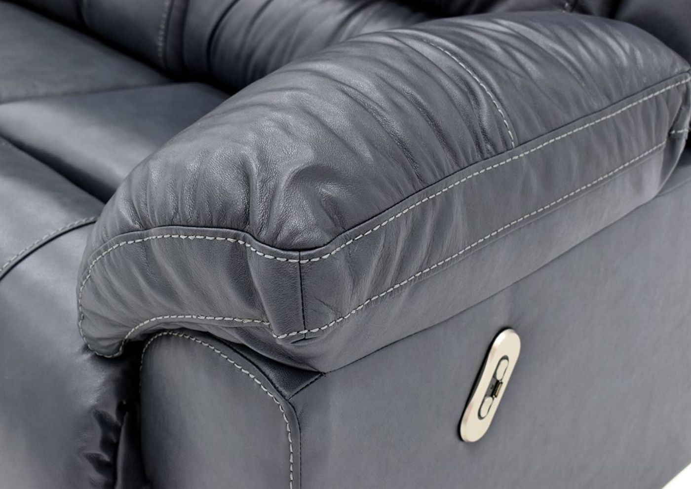 Navy Blue Bellamy POWER Reclining Leather Sofa by Franklin Furniture, Showing the Pillow Arm Detail, Made in the USA | Home Furniture Plus Bedding