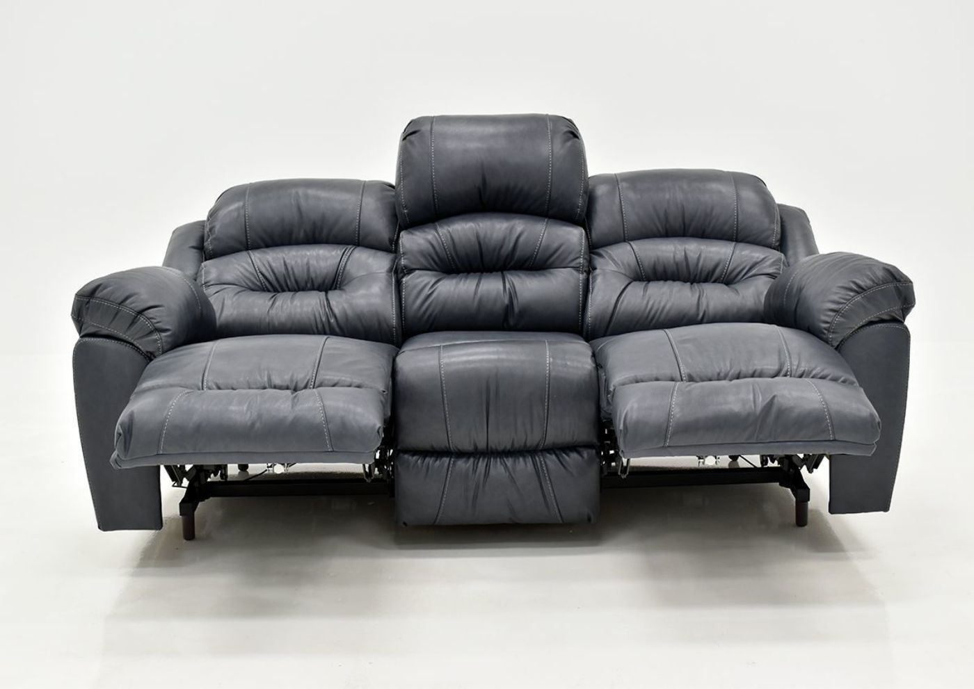 Navy Blue Bellamy POWER Reclining Leather Sofa by Franklin Furniture, Showing the Sofa Front View in a Fully Reclined Position, Made in the USA | Home Furniture Plus Bedding