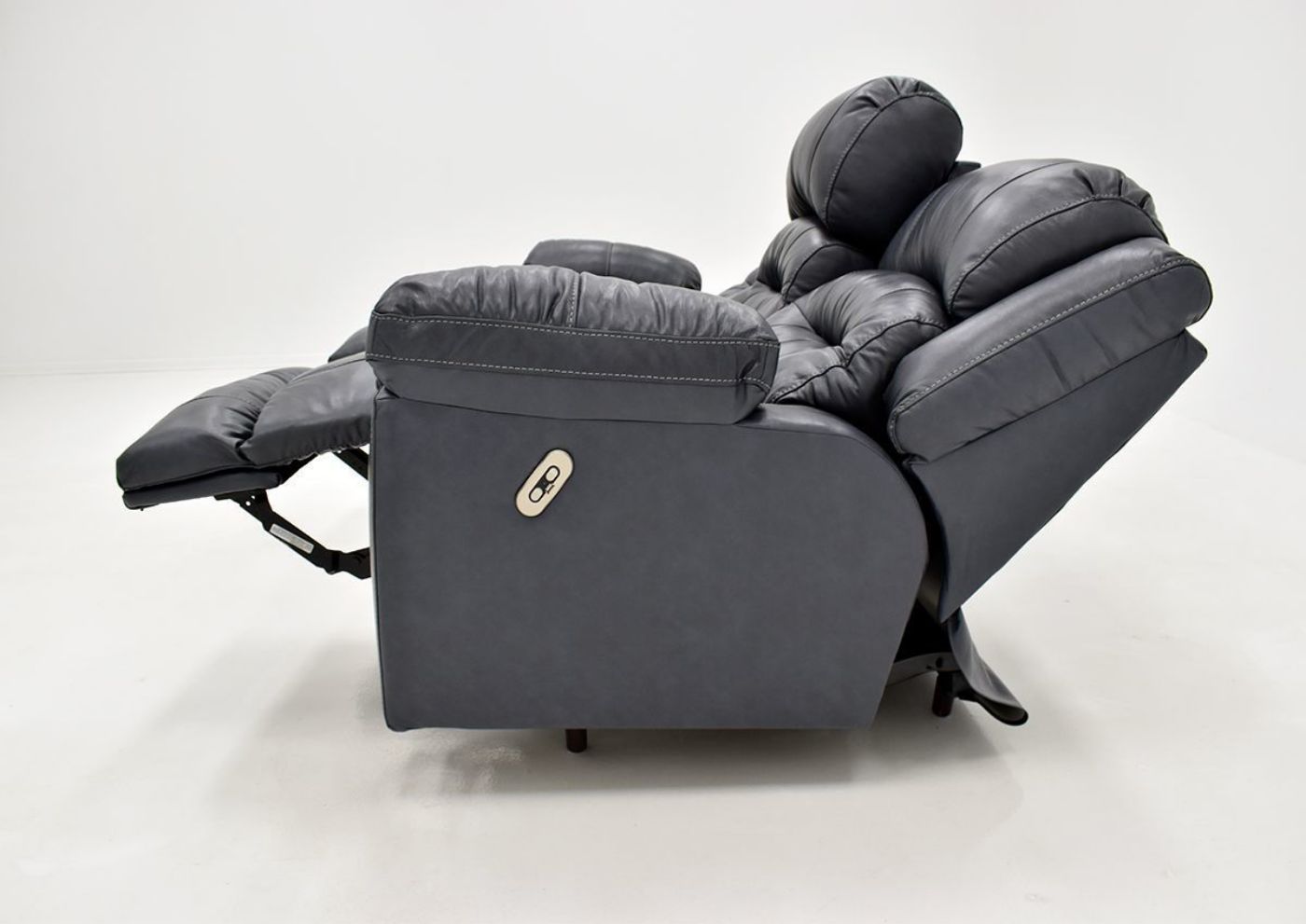 Navy Blue Bellamy POWER Reclining Leather Sofa by Franklin Furniture, Showing the Sofa Side View in a Fully Reclined Position, Made in the USA | Home Furniture Plus Bedding