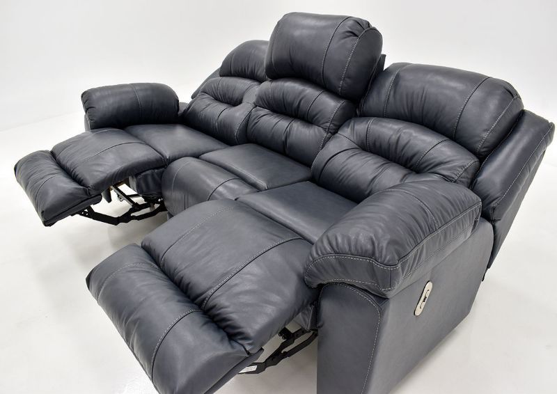 Navy Blue Bellamy POWER Reclining Leather Sofa by Franklin Furniture, Showing the Sofa Angle View in a Fully Reclined Position, Made in the USA | Home Furniture Plus Bedding