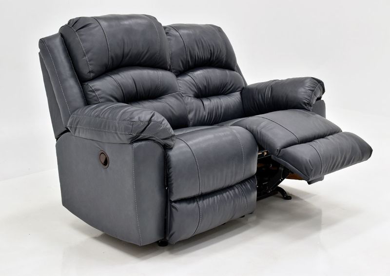 Navy Blue Bellamy Leather Reclining Loveseat by Franklin Furniture, Showing the Angle View With One Recliner Open, Made in the USA | Home Furniture Plus Bedding