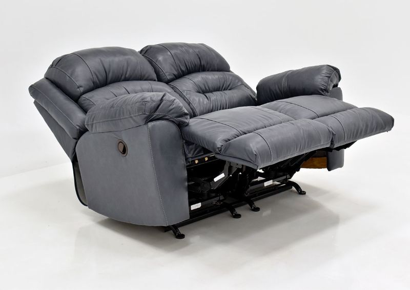 Navy Blue Bellamy Leather Reclining Loveseat by Franklin Furniture, Showing the Angle View in a Fully Reclined Position, Made in the USA | Home Furniture Plus Bedding