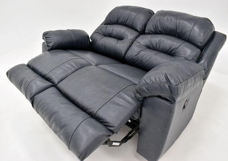 Navy Blue Bellamy Leather Reclining Loveseat by Franklin Furniture, Showing the Angle View Close Up in a Fully Reclined Position, Made in the USA | Home Furniture Plus Bedding