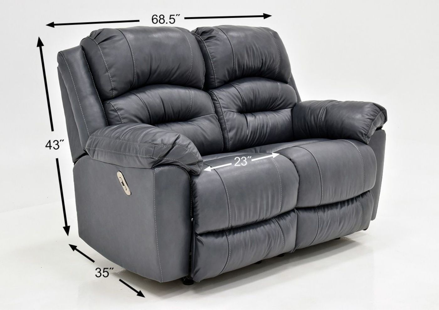 Navy Blue Bellamy POWER Reclining Leather Loveseat by Franklin Furniture, Showing the Dimensions, Made in the USA | Home Furniture Plus Bedding