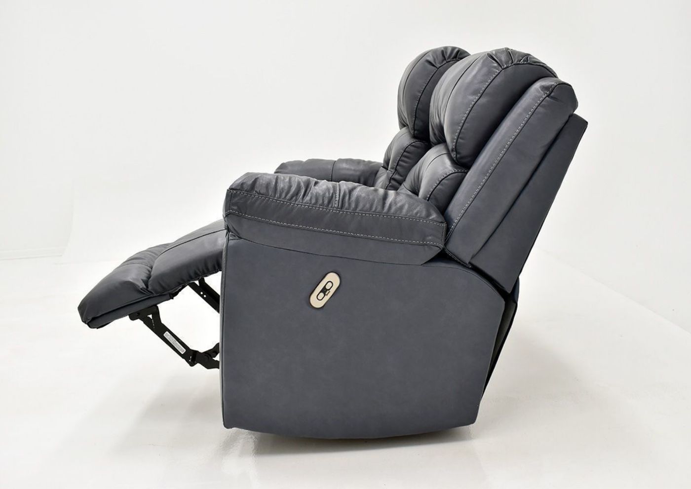 Navy Blue Bellamy POWER Reclining Leather Loveseat by Franklin Furniture, Showing the Side View With a Recliner Open, Made in the USA | Home Furniture Plus Bedding
