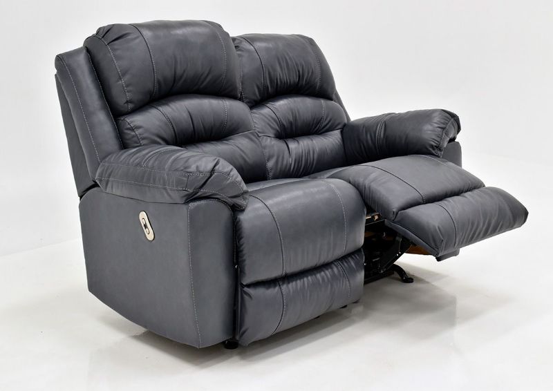 Navy Blue Bellamy POWER Reclining Leather Loveseat by Franklin Furniture, Showing the Angle View With a Recliner Open, Made in the USA | Home Furniture Plus Bedding