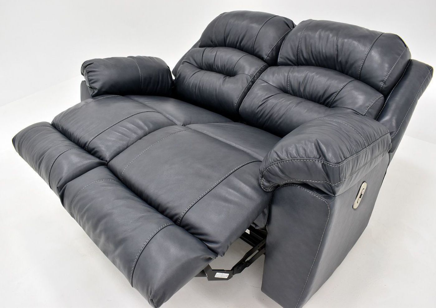 Navy Blue Bellamy POWER Reclining Leather Loveseat by Franklin Furniture, Showing the Close Up Angle View in a Fully Reclined Position, Made in the USA | Home Furniture Plus Bedding