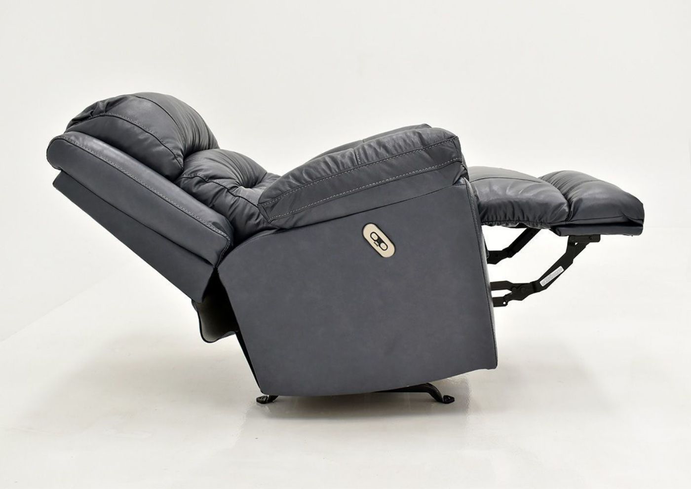 Navy Blue Bellamy POWER Leather Recliner Set by Franklin Furniture, Showing the Side View in a Fully Reclined Position, Made in the USA | Home Furniture Plus Bedding