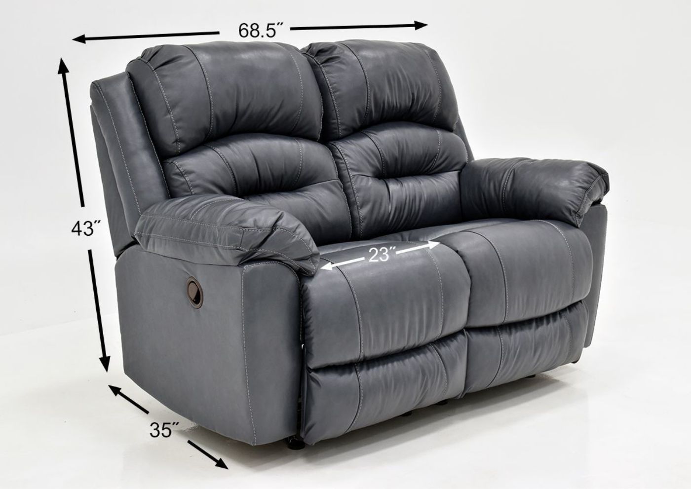 Navy Blue Bellamy Leather Reclining Sofa Set by Franklin Furniture, Showing the Loveseat Dimensions, Made in the USA | Home Furniture Plus Bedding