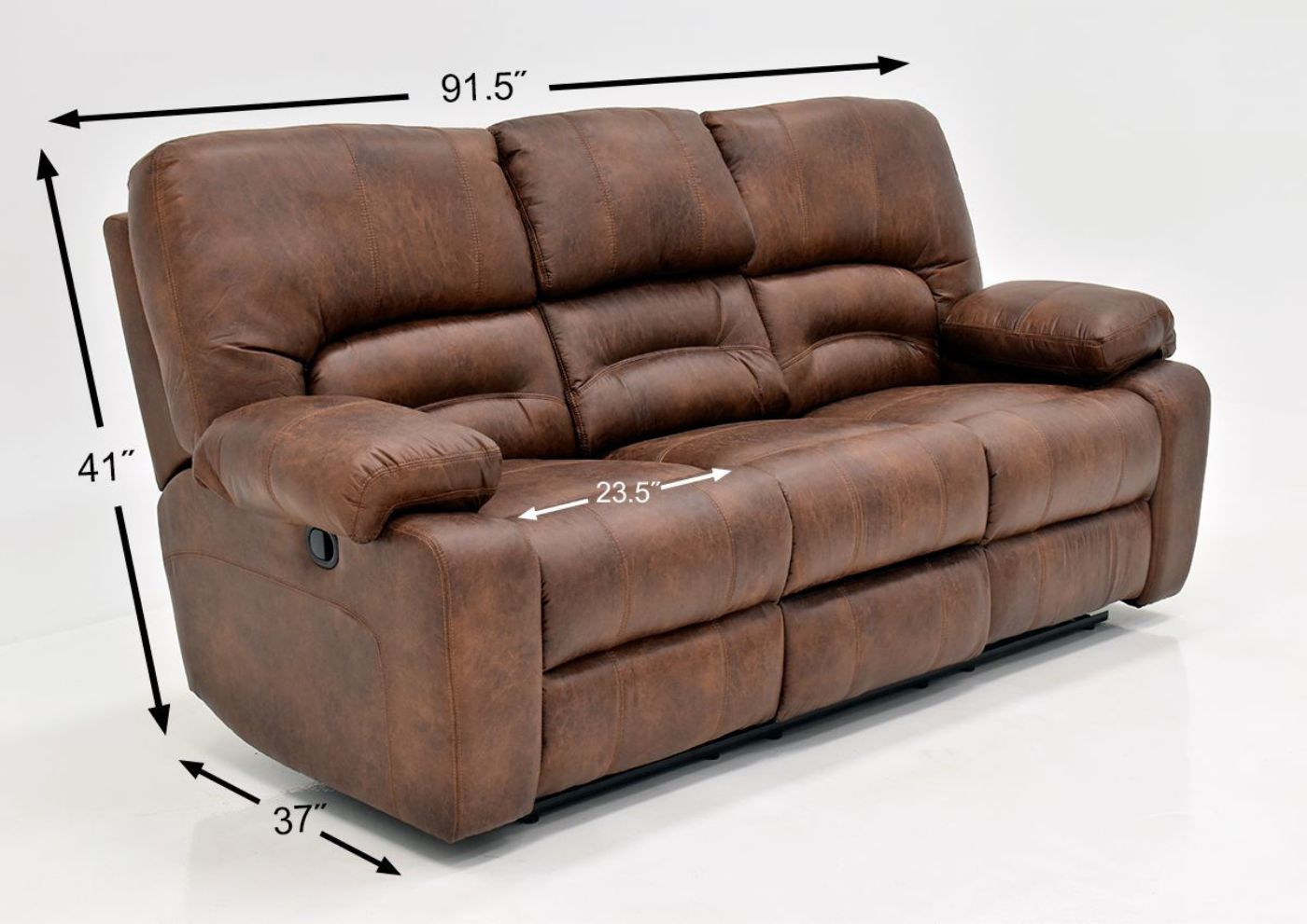 Warm Pecan Brown Gallagher Reclining Sofa by Kinsmen East Showing the Dimensions | Home Furniture Plus Bedding