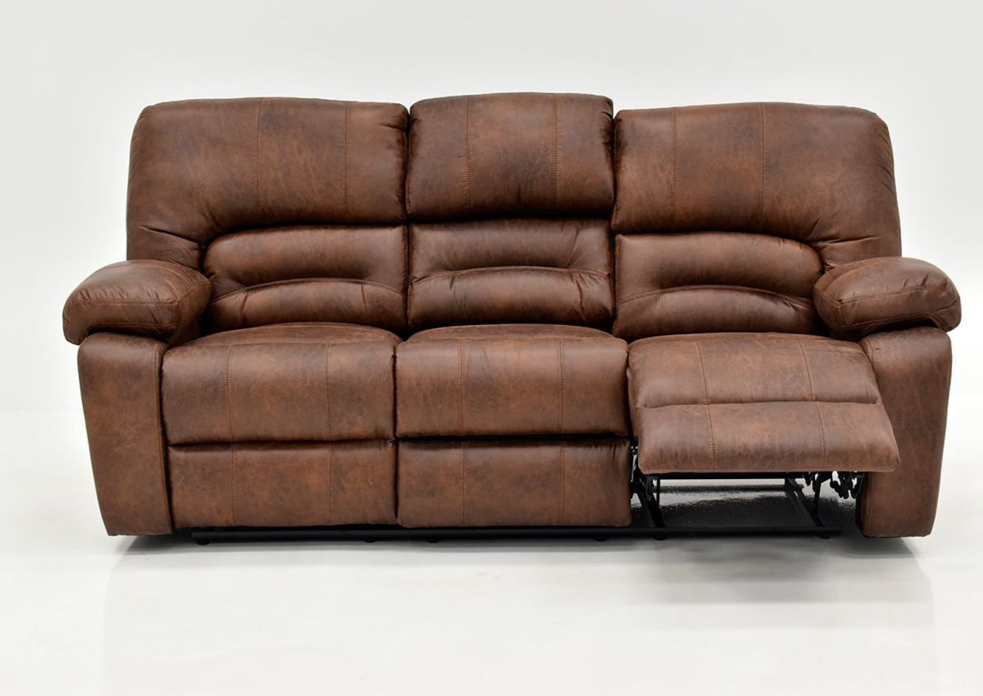 Warm Pecan Brown Gallagher Reclining Sofa by Kinsmen East Showing the Front View with One Recliner Open | Home Furniture Plus Bedding