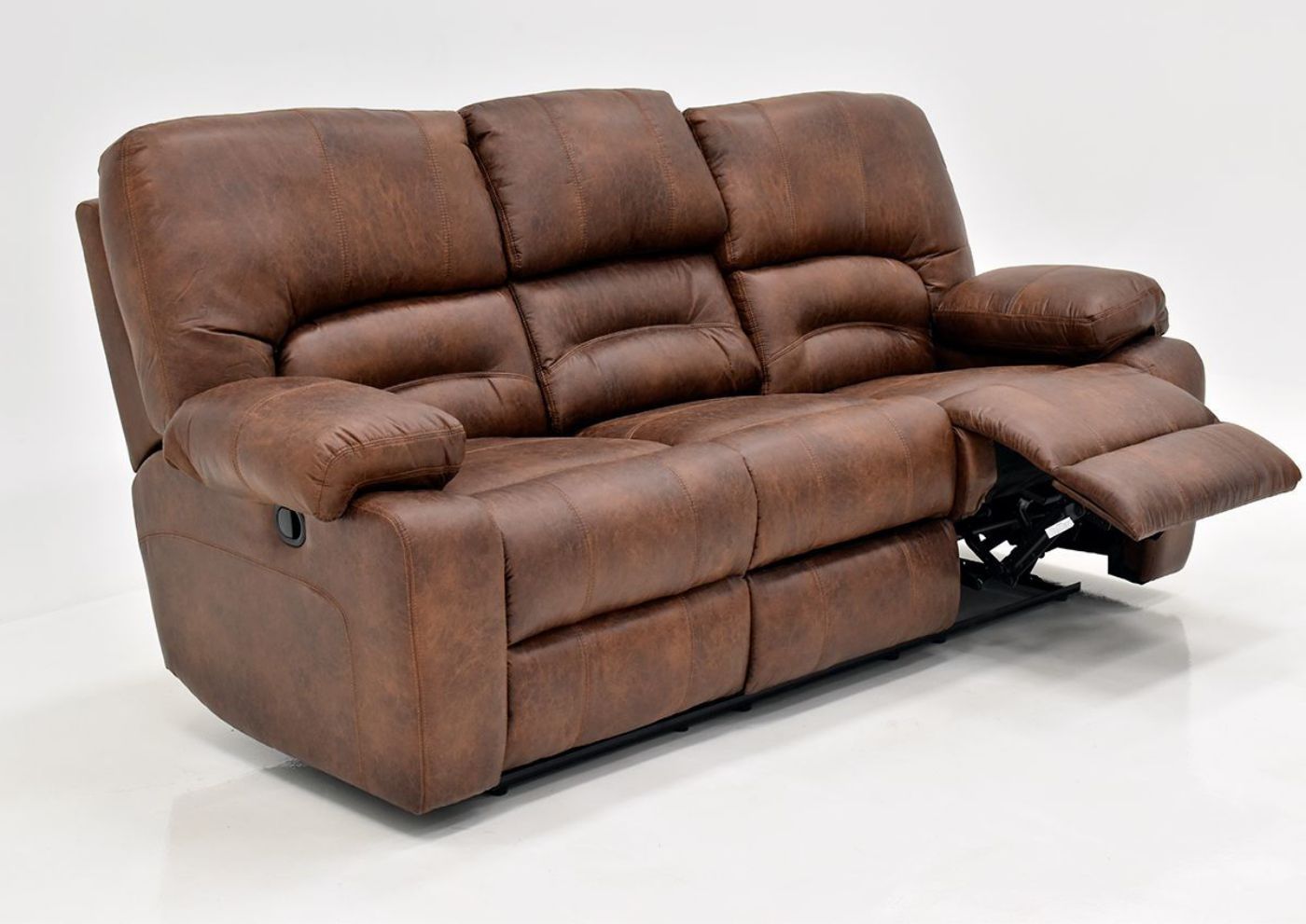 Warm Pecan Brown Gallagher Reclining Sofa by Kinsmen East Showing the Angle View with One Recliner Open | Home Furniture Plus Bedding