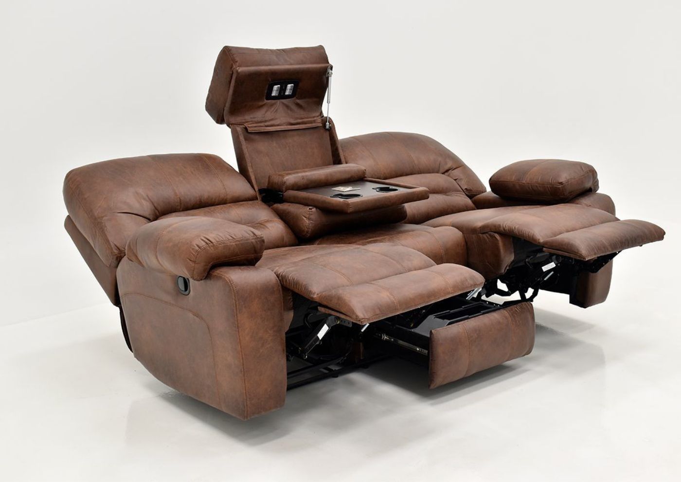 Warm Pecan Brown Gallagher Reclining Sofa by Kinsmen East Showing the Angle View in a Fully Reclined Position | Home Furniture Plus Bedding