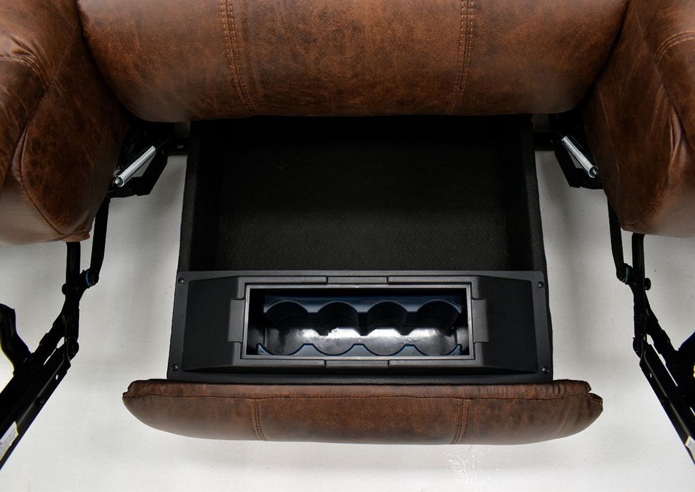 Warm Pecan Brown Gallagher Reclining Sofa by Kinsmen East Showing the Storage Drawer Interior | Home Furniture Plus Bedding