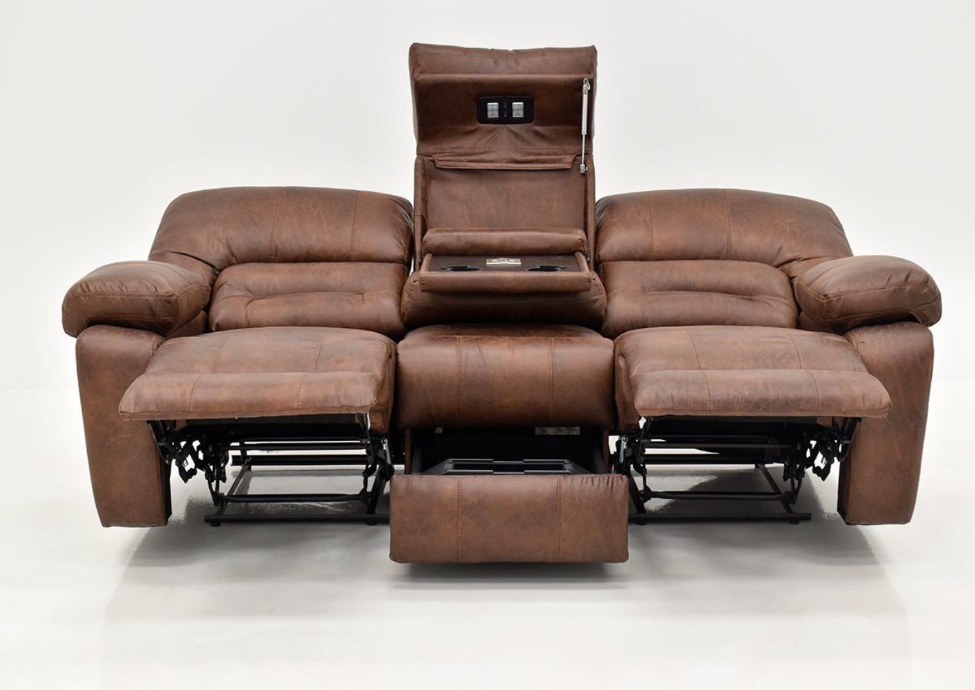 Warm Pecan Brown Gallagher Reclining Sofa by Kinsmen East Showing the Front View in a Fully Reclined Position | Home Furniture Plus Bedding
