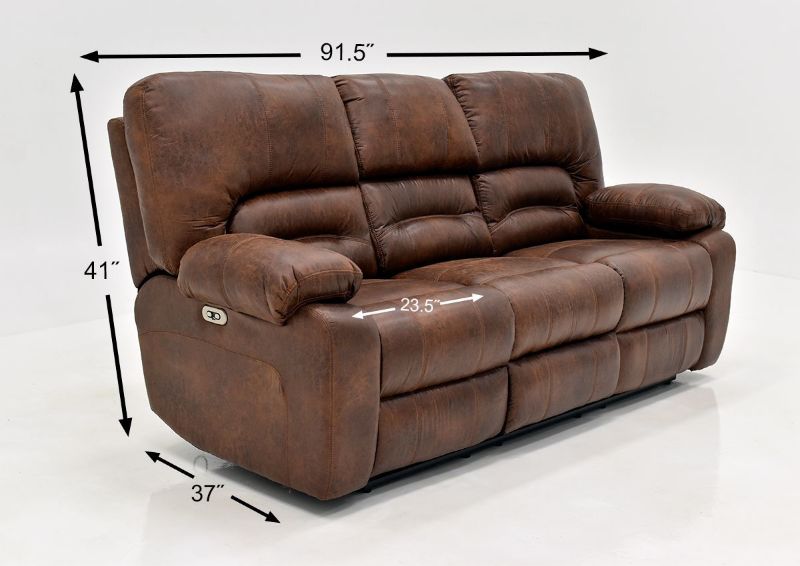 Warm Pecan Brown Gallagher POWER Reclining Sofa by Kinsmen East Showing the Dimensions | Home Furniture Plus Bedding