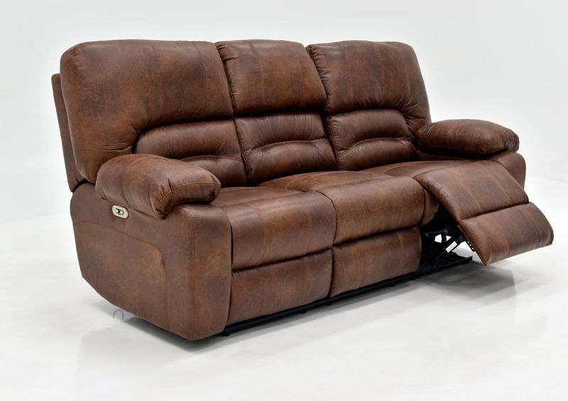 Warm Pecan Brown Gallagher POWER Reclining Sofa by Kinsmen East Showing the Angle View With One Recliner Open | Home Furniture Plus Bedding