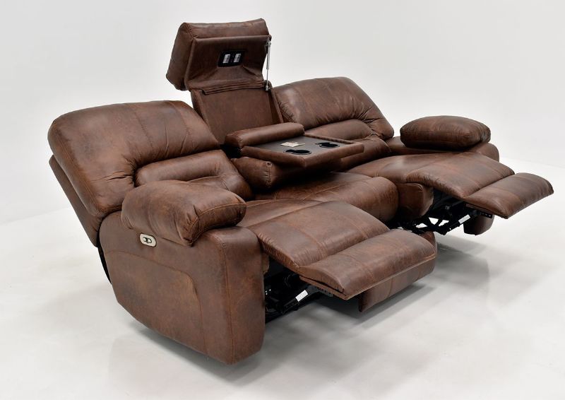 Warm Pecan Brown Gallagher POWER Reclining Sofa by Kinsmen East Showing the Angle View Fully Reclined | Home Furniture Plus Bedding