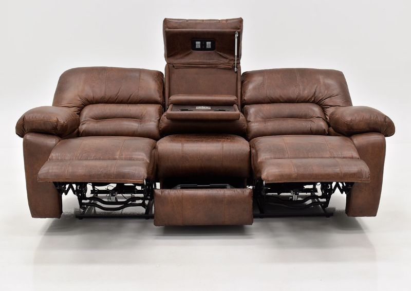Warm Pecan Brown Gallagher POWER Reclining Sofa by Kinsmen East Showing the Front View Fully Reclined | Home Furniture Plus Bedding