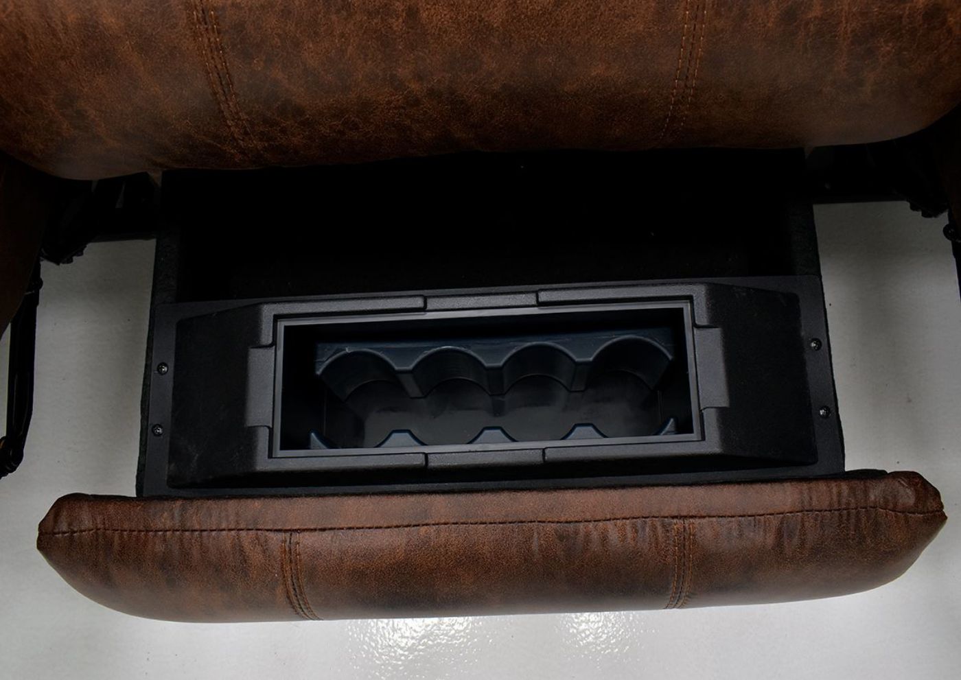 Warm Pecan Brown Gallagher POWER Reclining Sofa by Kinsmen East Showing the Storage Drawer | Home Furniture Plus Bedding