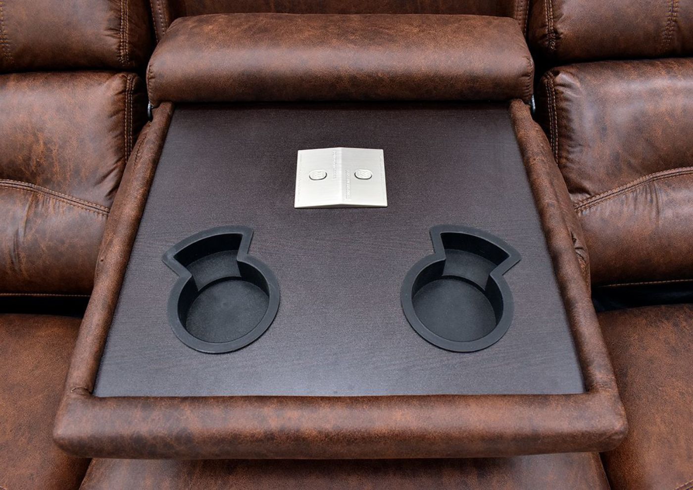 Warm Pecan Brown Gallagher POWER Reclining Sofa by Kinsmen East Showing the Drop Down Table Details | Home Furniture Plus Bedding