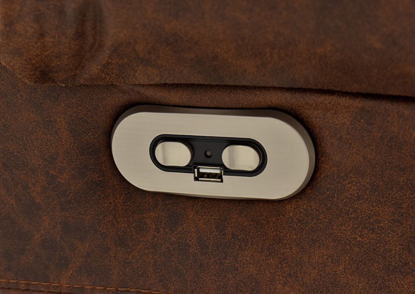 Warm Pecan Brown Gallagher POWER Reclining Sofa by Kinsmen East Showing the Power Button | Home Furniture Plus Bedding