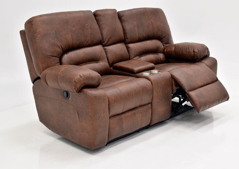Warm Pecan Brown Gallagher Reclining Loveseat by Kinsmen East Showing the Angle View With One Recliner Open | Home Furniture Plus Bedding
