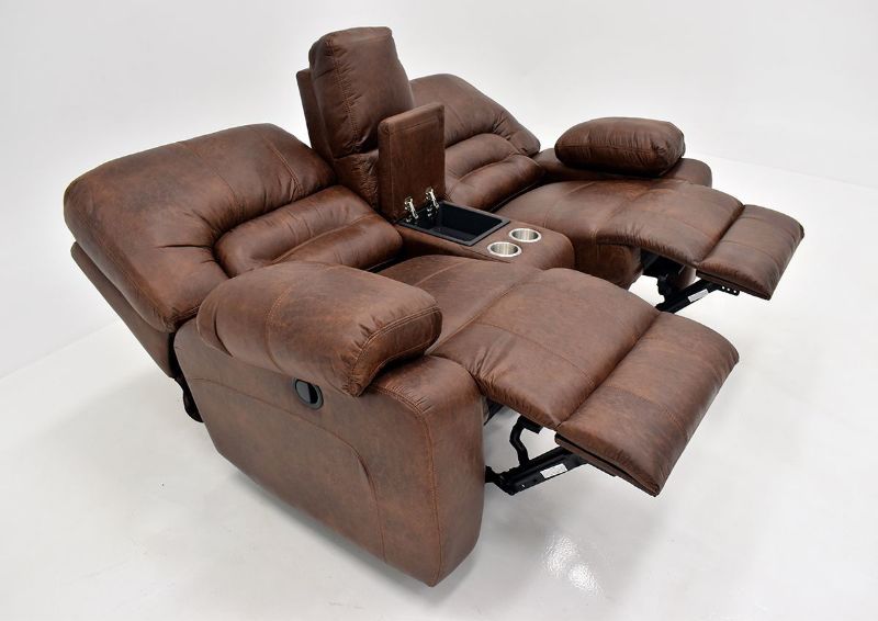 Warm Pecan Brown Gallagher Reclining Loveseat by Kinsmen East Showing the Angle View in a Fully Reclined Position | Home Furniture Plus Bedding