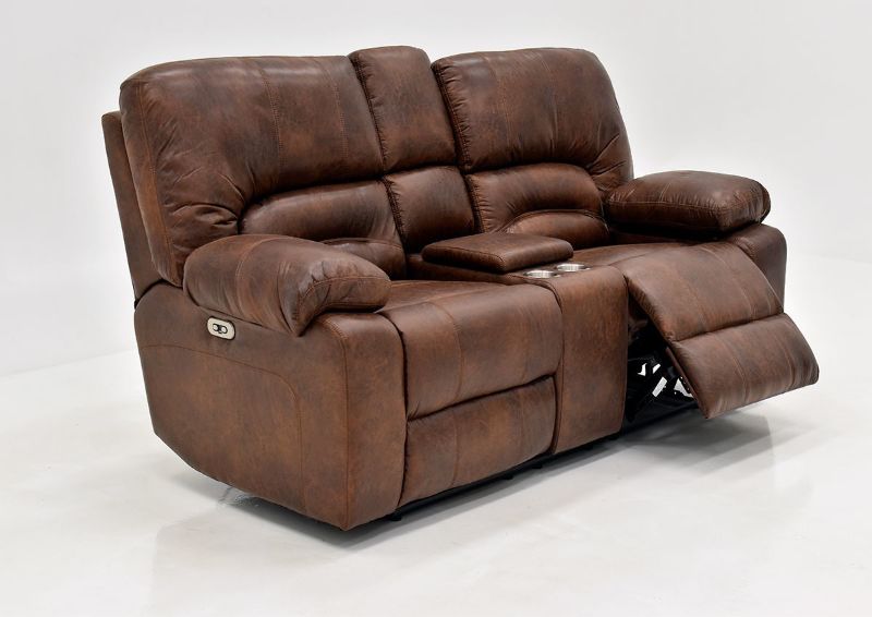 Warm Pecan Brown Gallagher POWER Reclining Loveseat by Kinsmen East, Showing the Angle View With One Recliner Open | Home Furniture Plus Bedding
