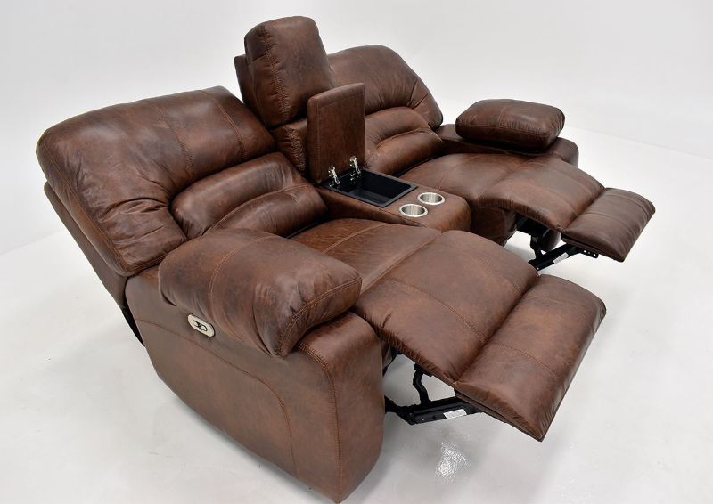 Warm Pecan Brown Gallagher POWER Reclining Loveseat by Kinsmen East, Showing the Angle View Fully Reclined | Home Furniture Plus Bedding