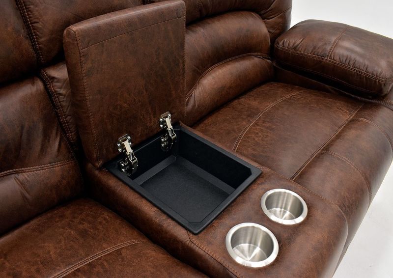 Warm Pecan Brown Gallagher POWER Reclining Loveseat by Kinsmen East, Showing the Console Storage Compartment | Home Furniture Plus Bedding