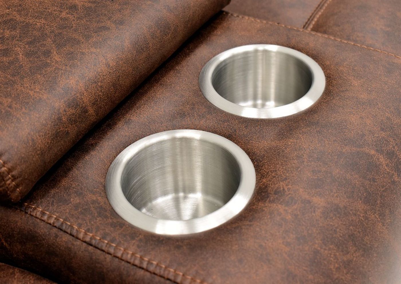 Warm Pecan Brown Gallagher POWER Reclining Loveseat by Kinsmen East, Showing the Cup Holders | Home Furniture Plus Bedding