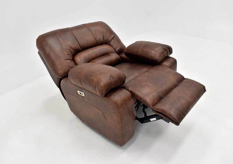 Warm Pecan Brown Gallagher POWER Recliner by Kinsmen East, Showing the Angle View Fully Reclined | Home Furniture Plus Bedding