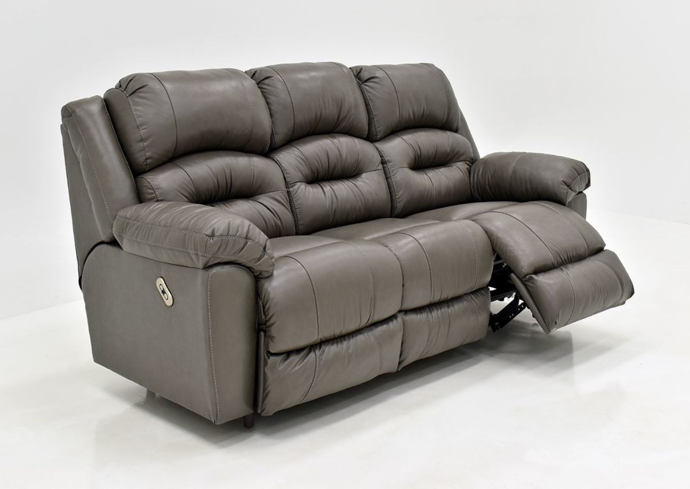 Gray Bellamy POWER Reclining Leather Sofa by Franklin Furniture, Showing the Angle View With One Recliner Open, Made in the USA | Home Furniture Plus Bedding