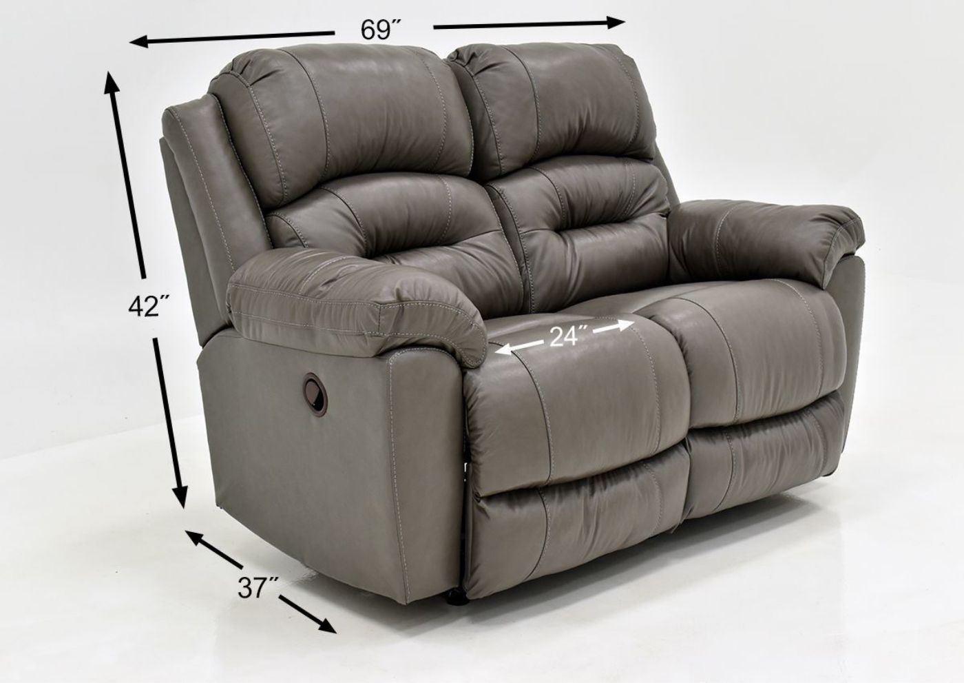 Gray Bellamy Leather Reclining Loveseat by Franklin Furniture, Showing the Dimensions, Made in the USA | Home Furniture Plus Bedding