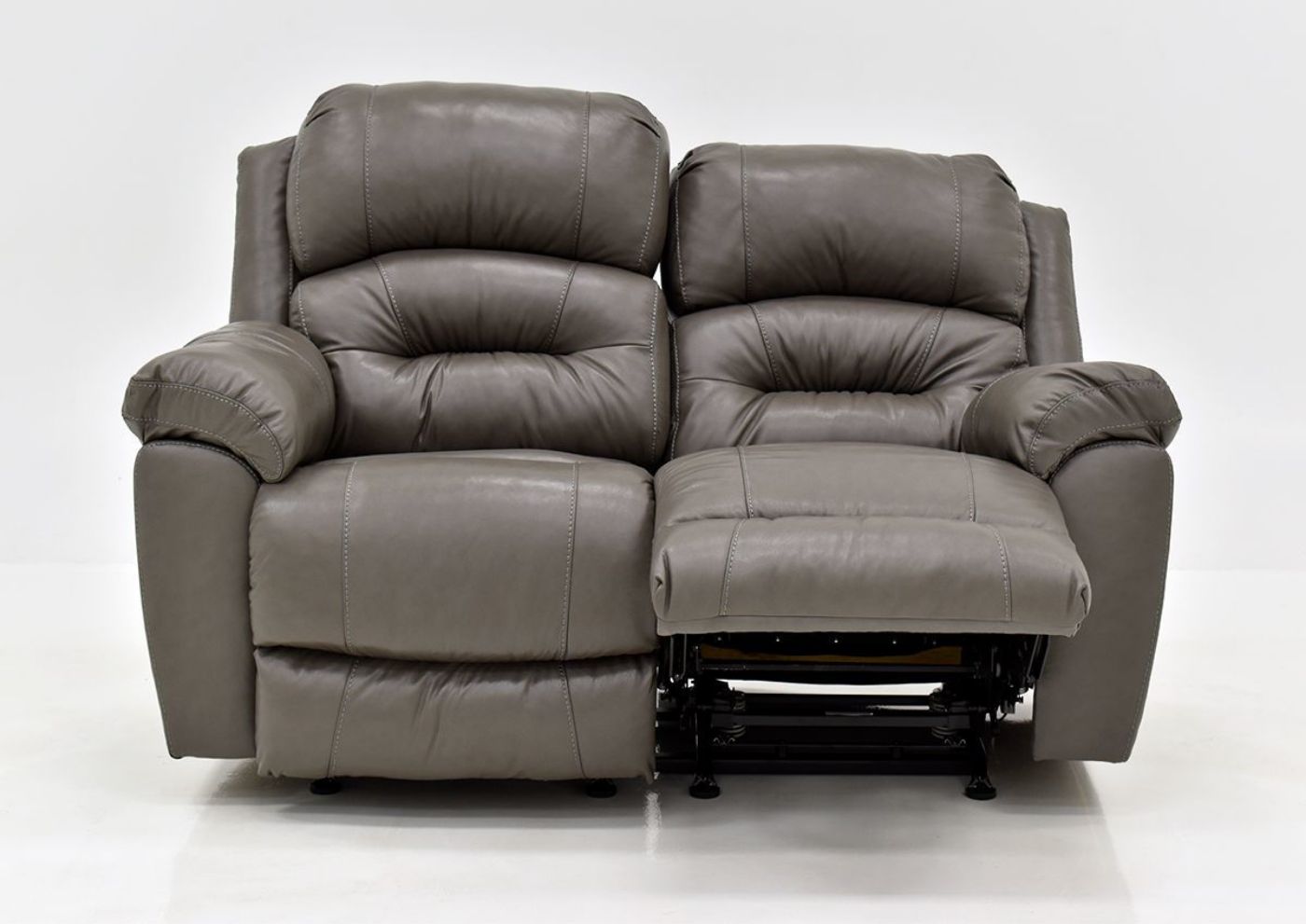 Gray Bellamy Leather Reclining Loveseat by Franklin Furniture, Showing the Front View With One Recliner Open, Made in the USA | Home Furniture Plus Bedding