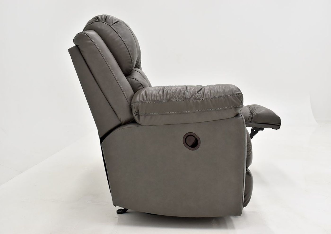 Gray Bellamy Leather Reclining Loveseat by Franklin Furniture, Showing the Side View, Made in the USA | Home Furniture Plus Bedding